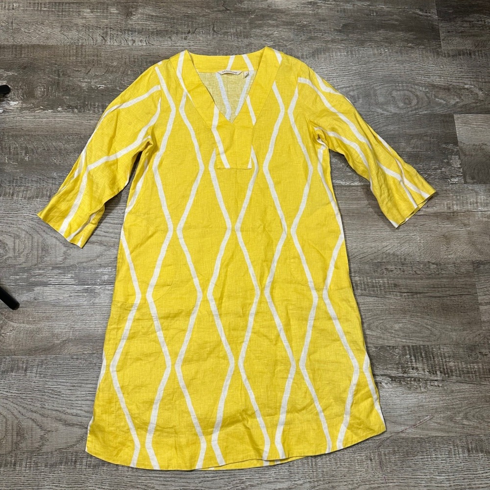 Soft Surroundings Yellow White Linen Diamond Tunic Dress Womens Small 2CD64